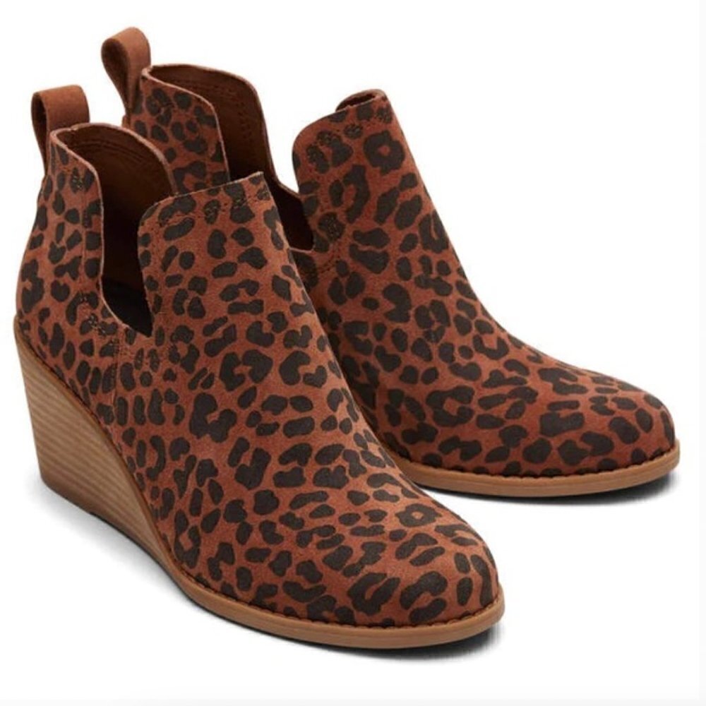 Toms Kallie Wedge 6 Brown Bootie Leopard‎ Suede Shoes